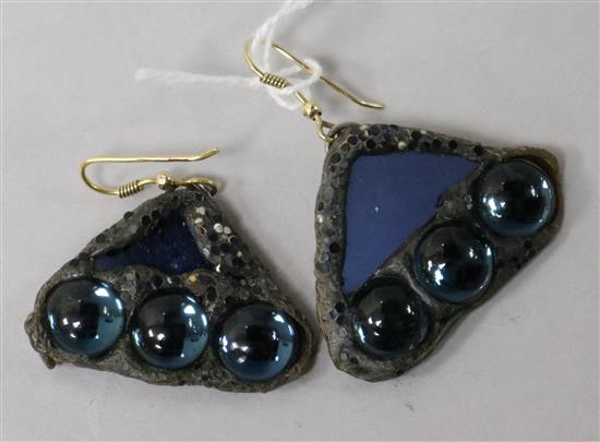 A pair of mirrored glass and paste set triangular earrings, signed, Andrew Logan 93, width 39mm.